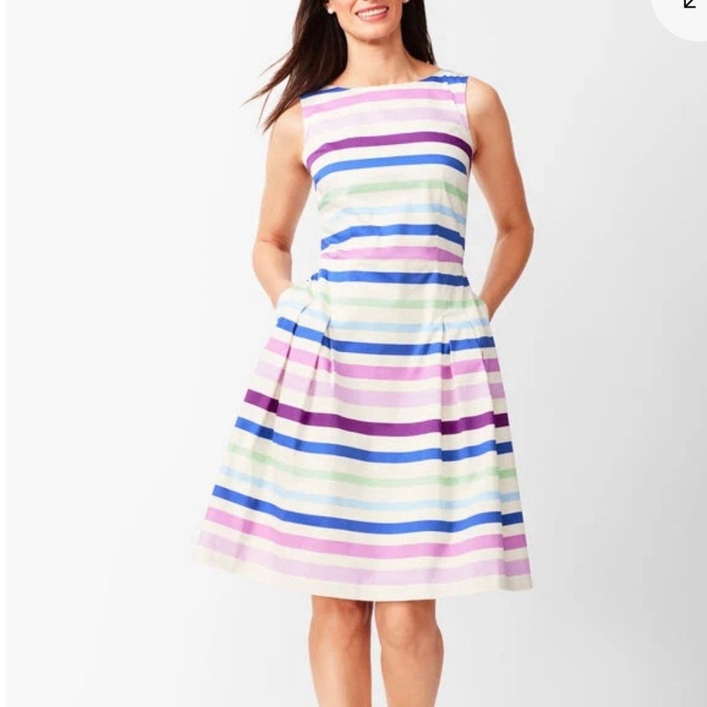 NWT Talbots Sateen Colorful Stripe Sleeveless Flare Dress‎ Size 6 Pockets